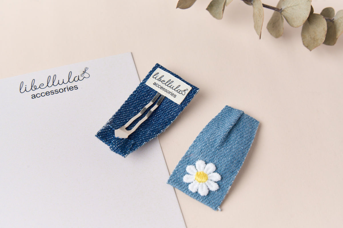 Libellula - Handmade Daisy Embellished Denim Hair Clip Set