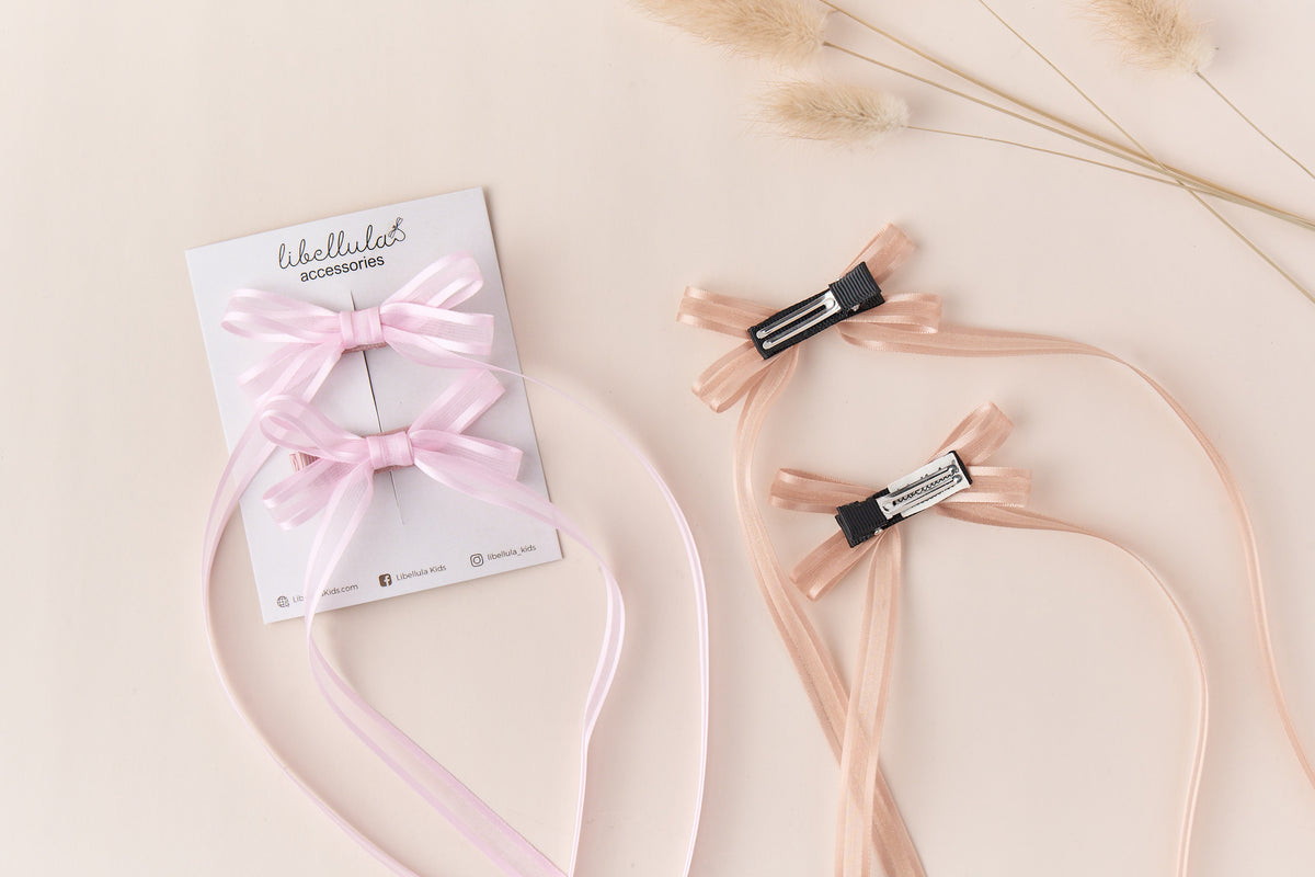 Libellula - Pink/orange braid bow set attached alligator clip