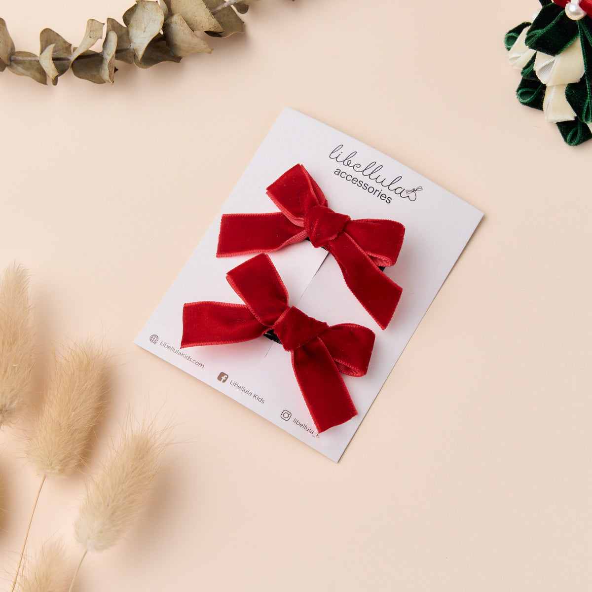 Libellula -  Red Matte Velvet Bow Hair Clip Set