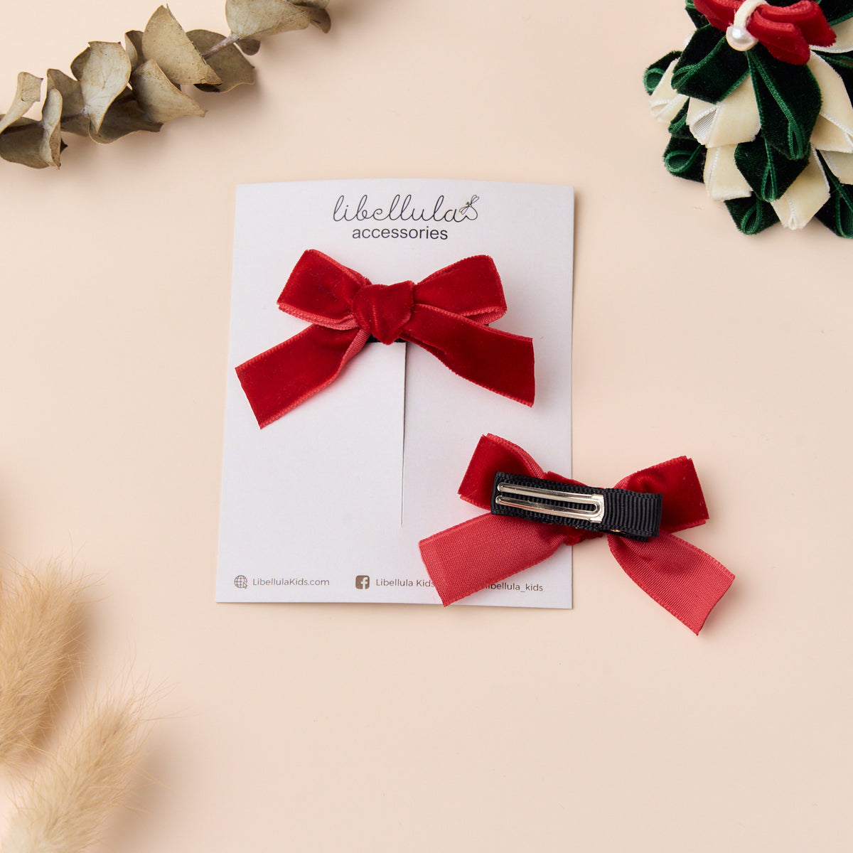 Libellula -  Red Matte Velvet Bow Hair Clip Set