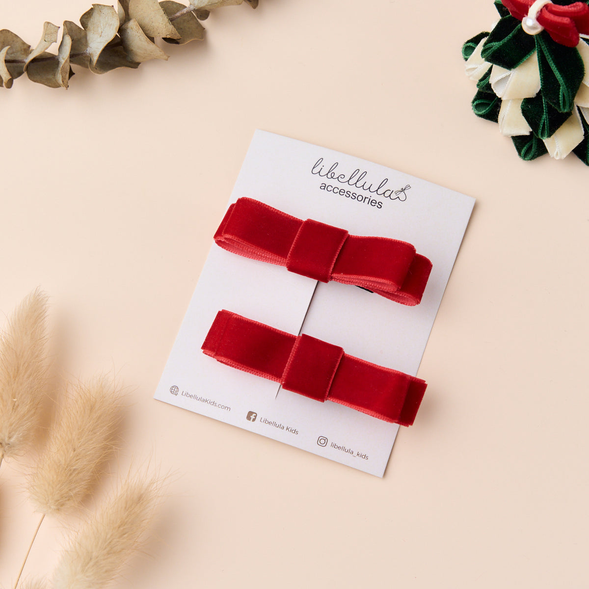 Libellula -  Red Matte Velvet Bow Hair Clip Set