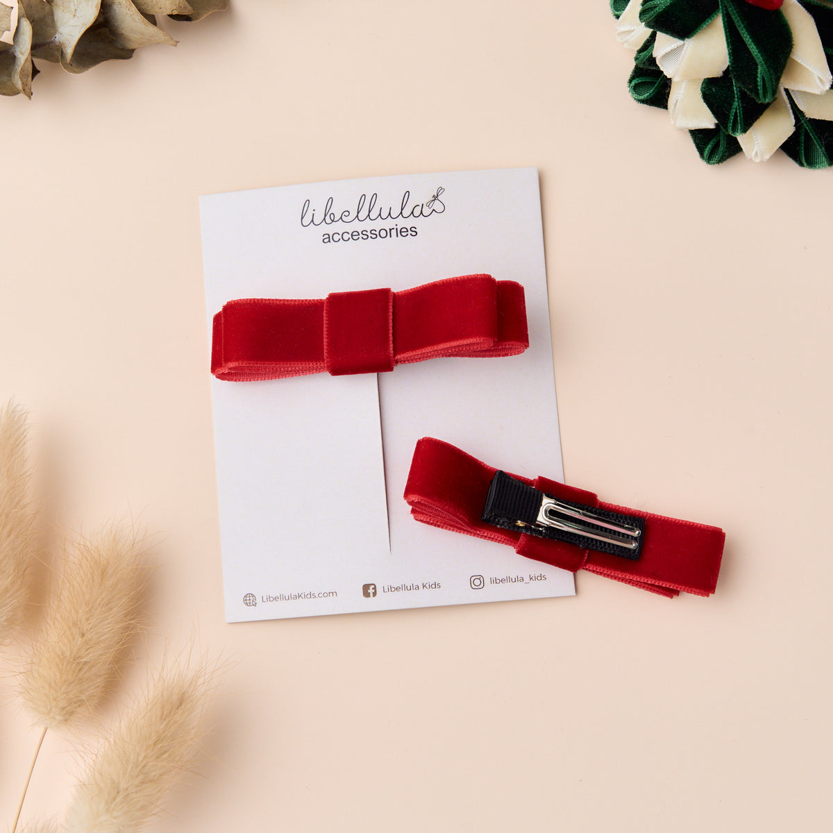 Libellula -  Red Matte Velvet Bow Hair Clip Set