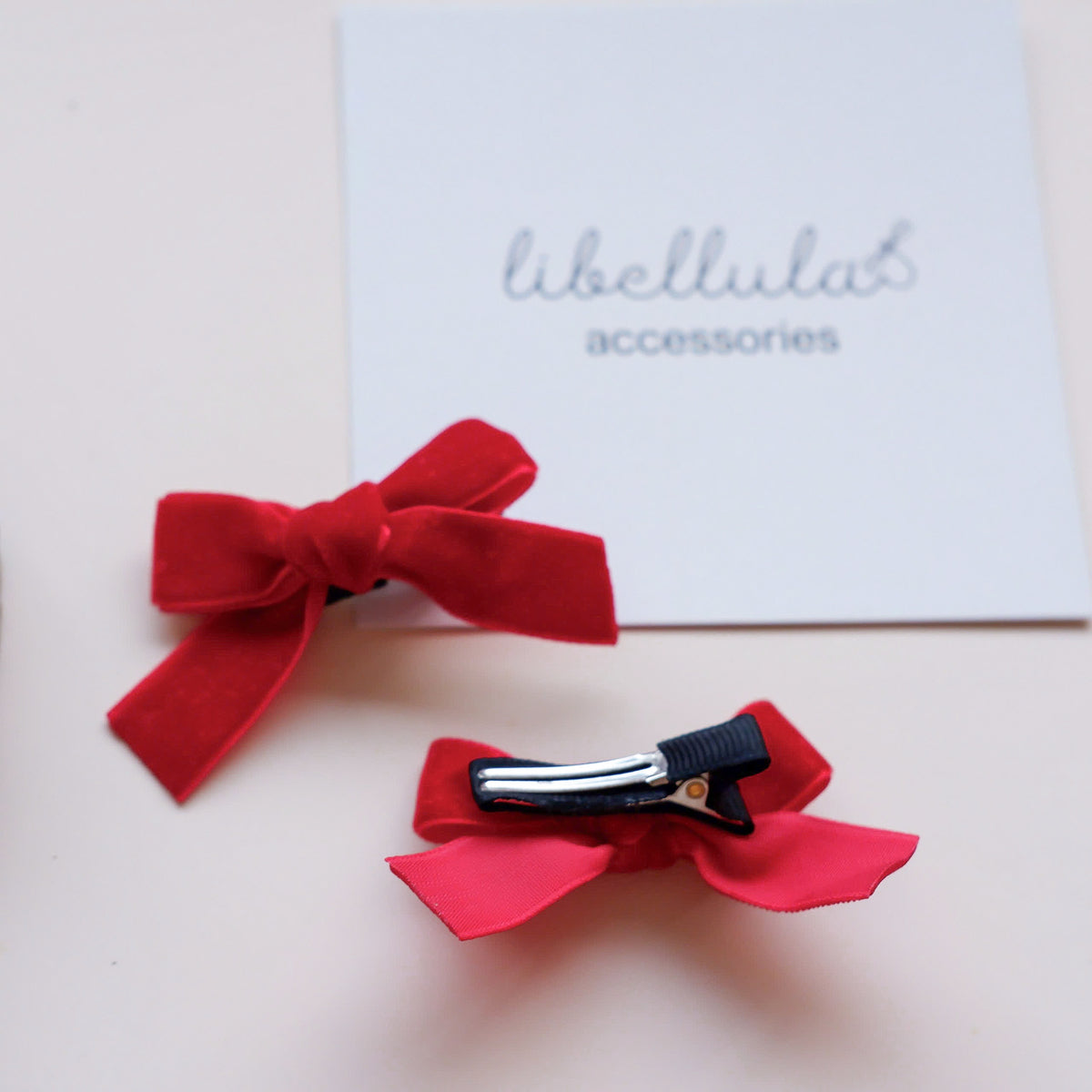 Libellula - Velvet Hair Clip Set (Bright Red &amp; Burgundy) with 5.5cm Bow