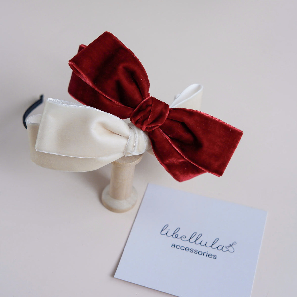 Libellula - Soft Velvet Bow Headband in Red, White, and Beige