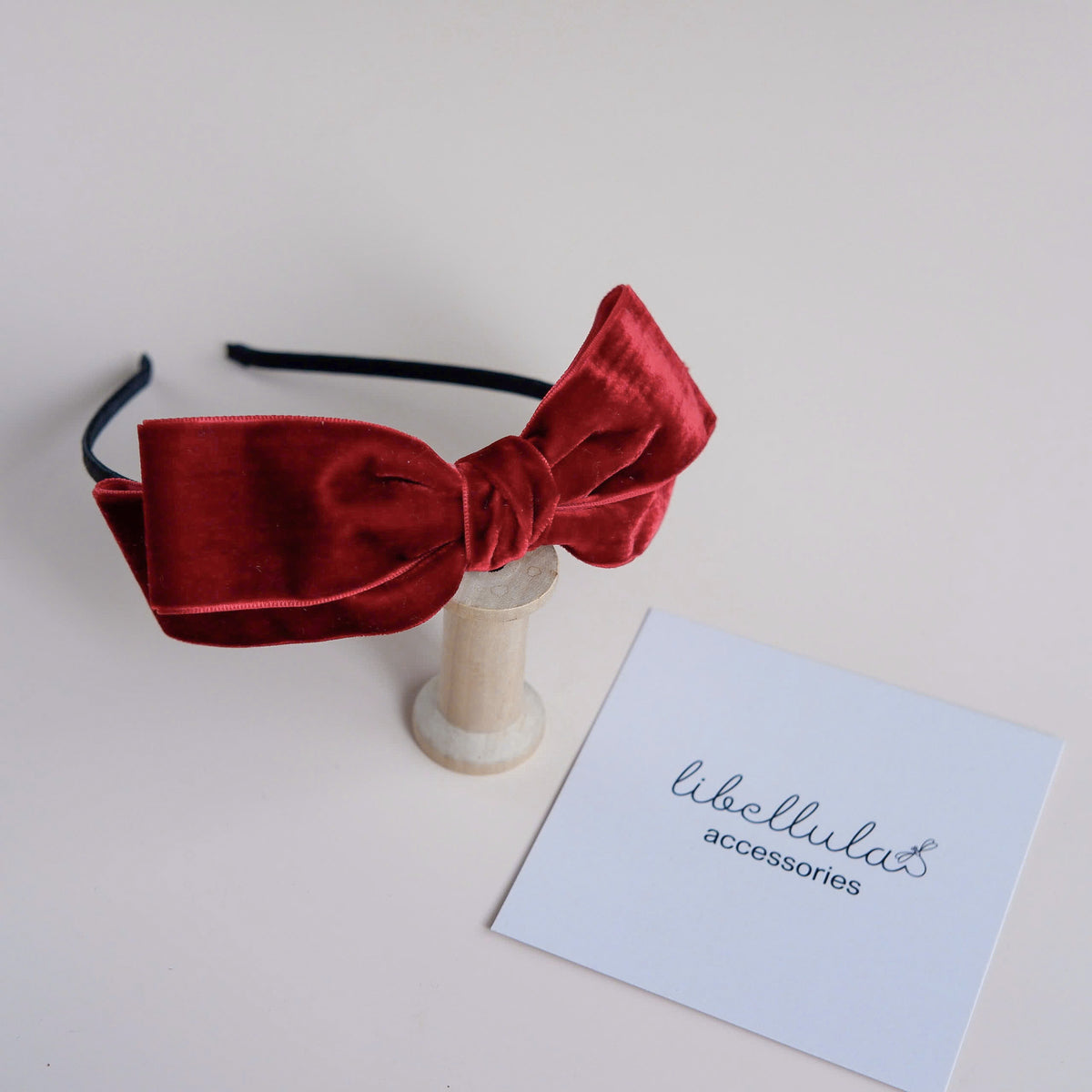 Libellula - Soft Velvet Bow Headband in Red, White, and Beige