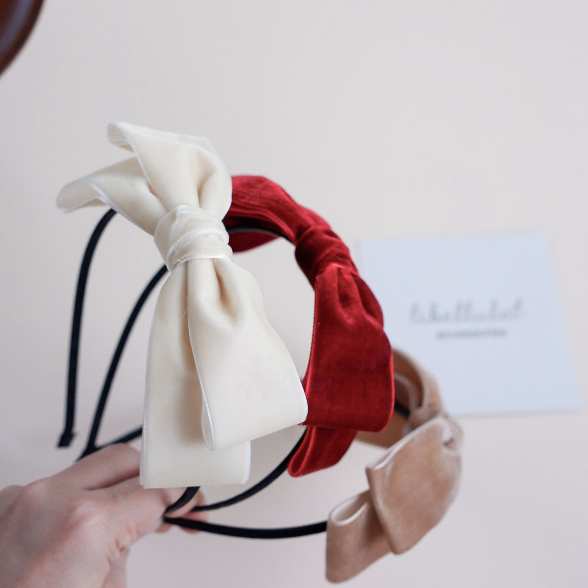 Libellula - Soft Velvet Bow Headband in Red, White, and Beige