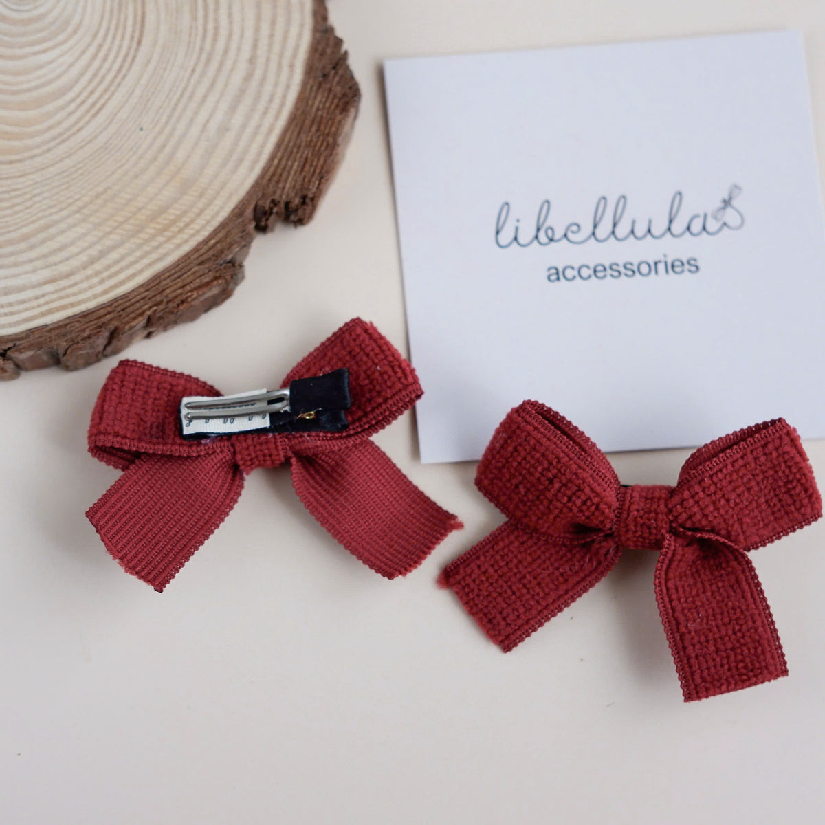 Libellula - Set of 2 Elegant Red Felt Bow Hair Clips (3.5cm Alligator Clips)