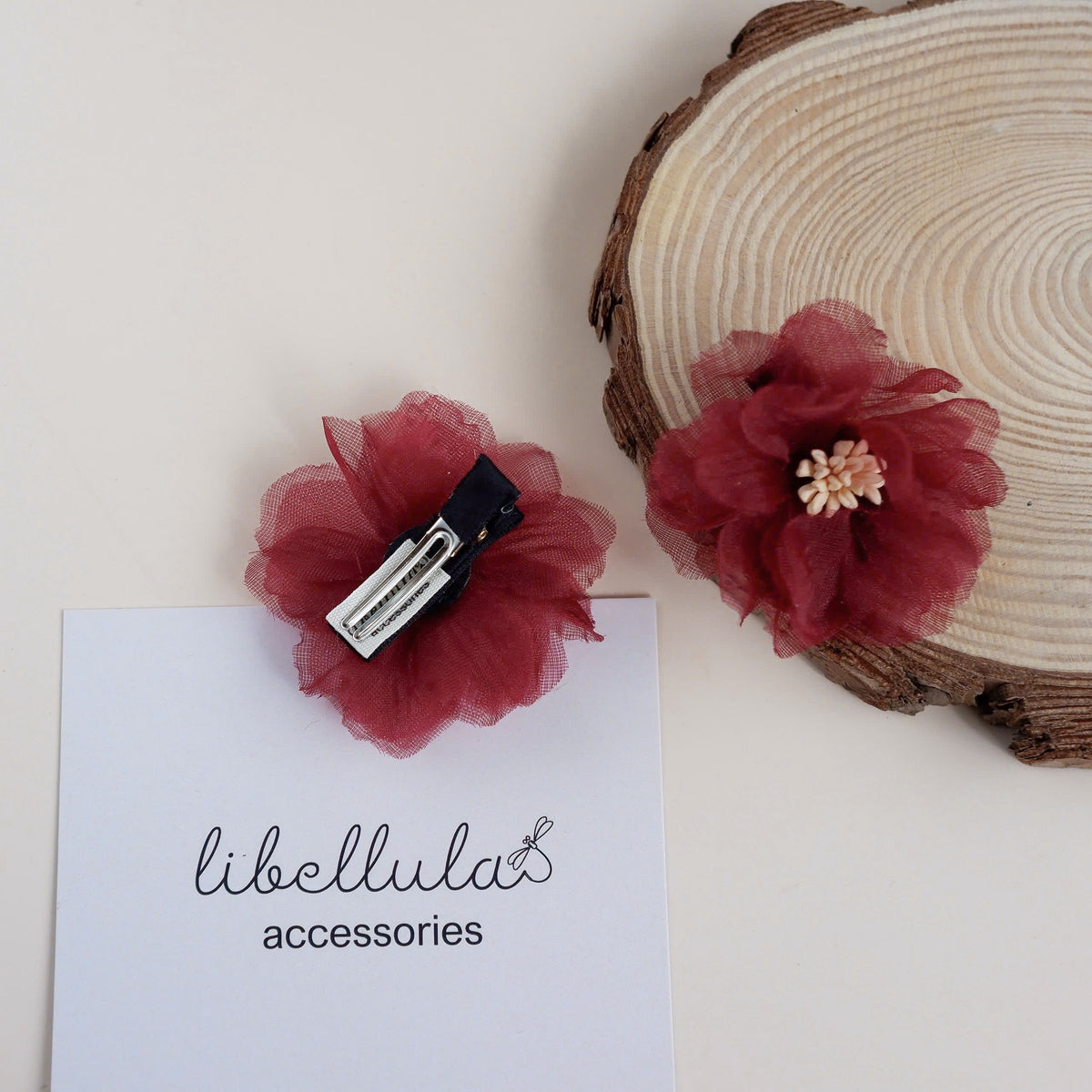 Libelulla - Set of 2 Red Flower Hair Clips (3.5cm Alligator Clips)