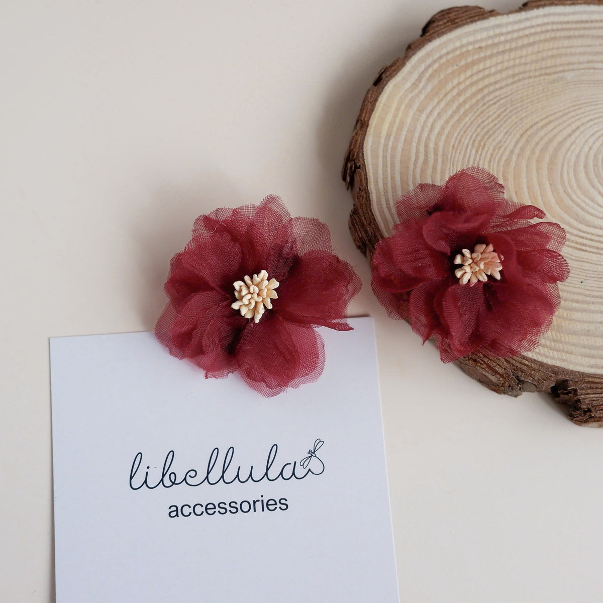 Libelulla - Set of 2 Red Flower Hair Clips (3.5cm Alligator Clips)