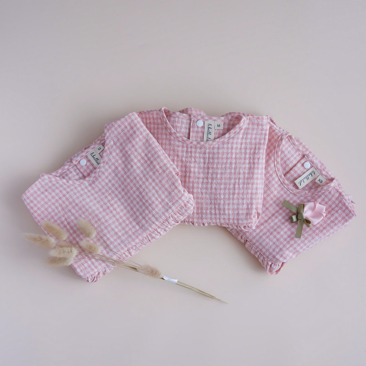 Libellula - Checkered linen clothing set for babies - Autumn whisper collection (Pink)