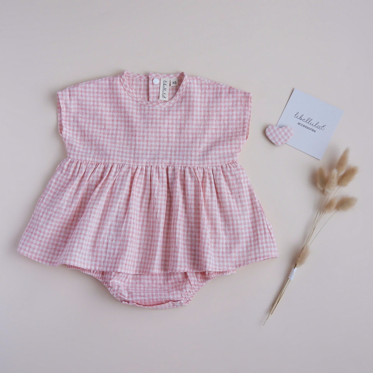 Libellula - Romper in checkered korean linen for babies - Autumn whisper collection (Pink)