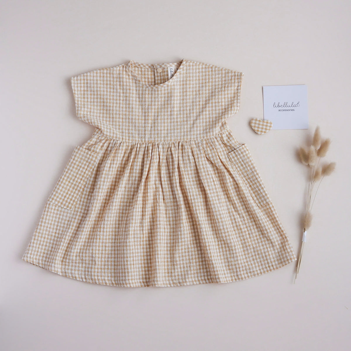 Libellula - Checkered linen dress for baby girls - Autumn whisper collection (Yellow)