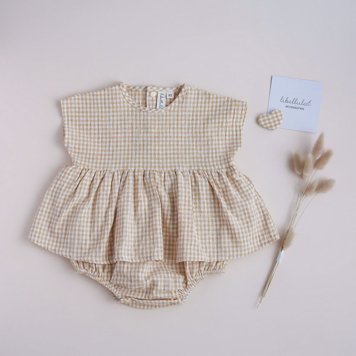 Libellula - Romper in checkered korean linen for babies - Autumn whisper collection (Yellow)