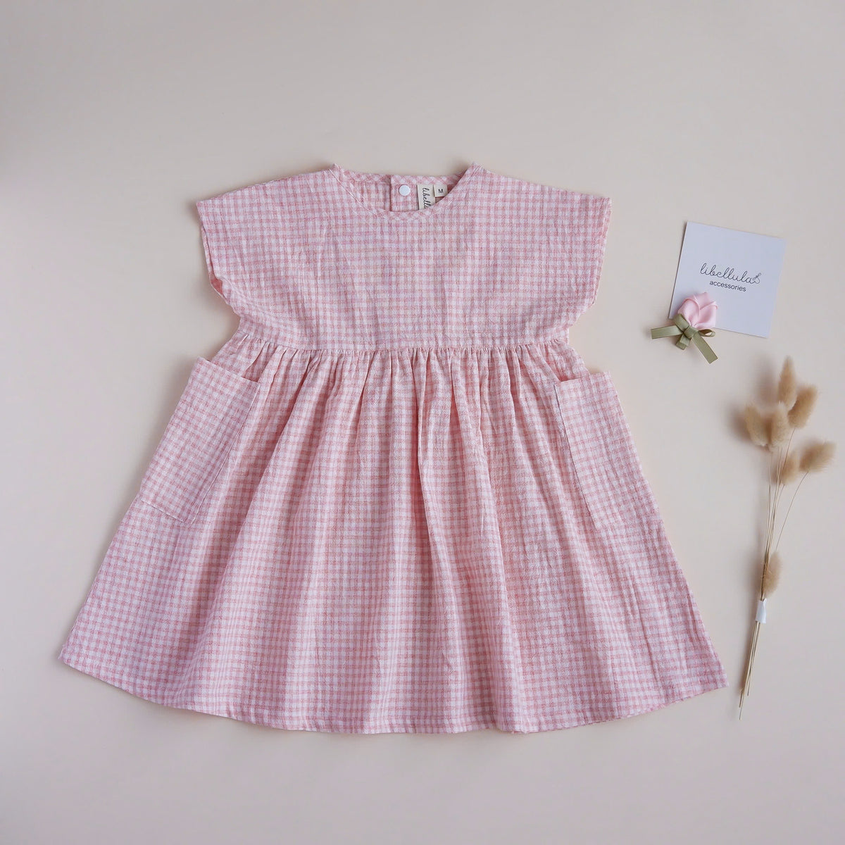 Libellula - Checkered linen dress for baby girls - Autumn whisper collection (Pink)