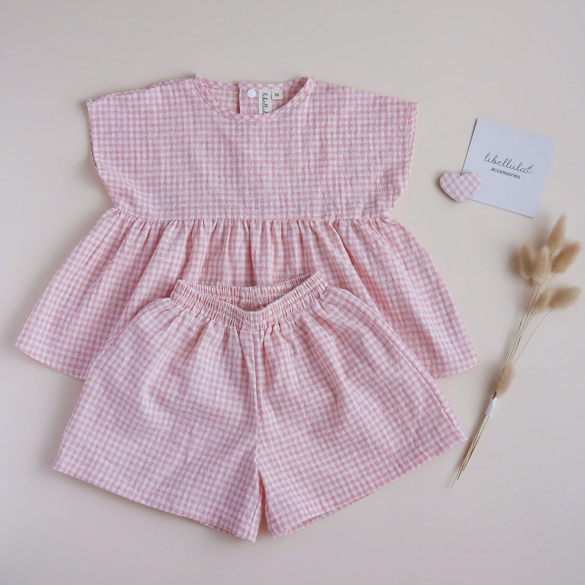 Libellula - Checkered linen clothing set for babies - Autumn whisper collection (Pink)