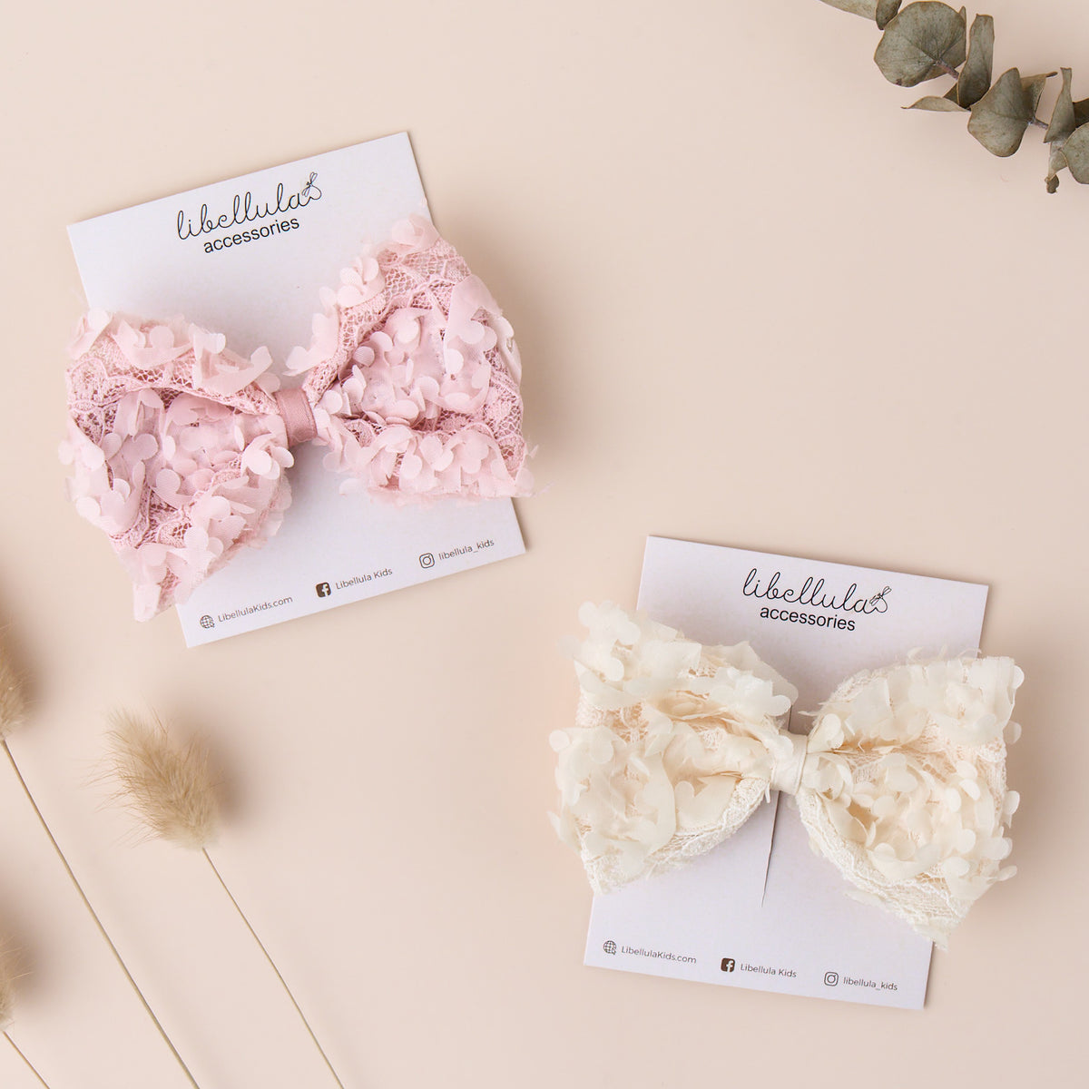 Libellula -  Handmade Cream/ Pink 3D Flower Chiffon Bow Hair Clip