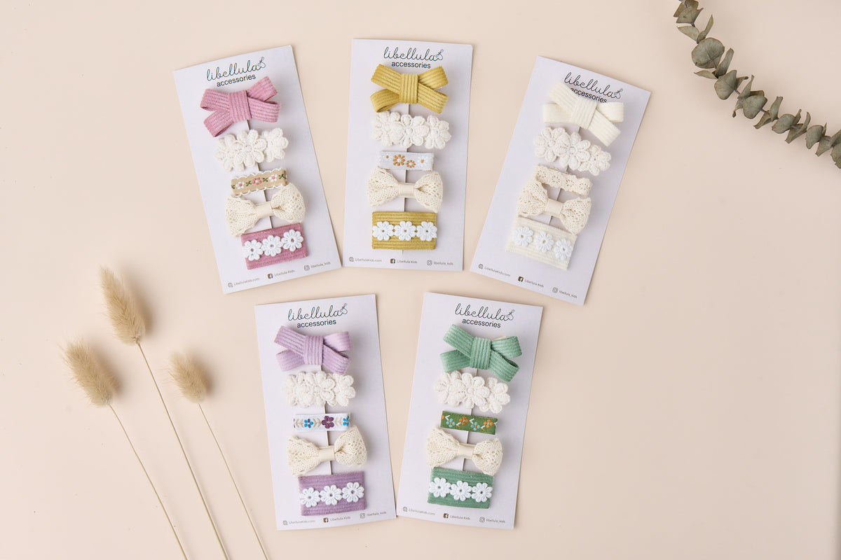 Libellula - Handmade Set of 5 Mini Bow Hair Clips in New Colors