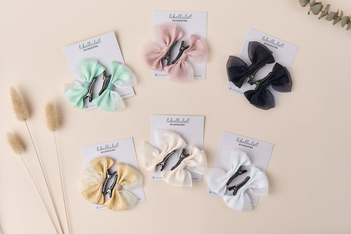 Libellula -  Handmade Solid Color Standing Bow Hair Clip Set with Chiffon for Babies