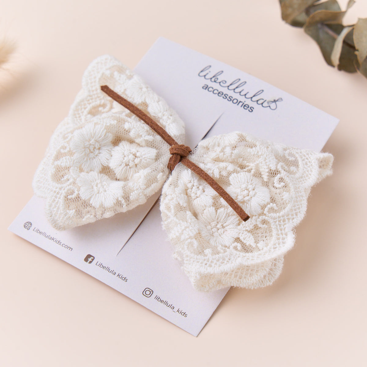 Libellula - Beige soft cotton lace ribbon bow hair clip with brown knots