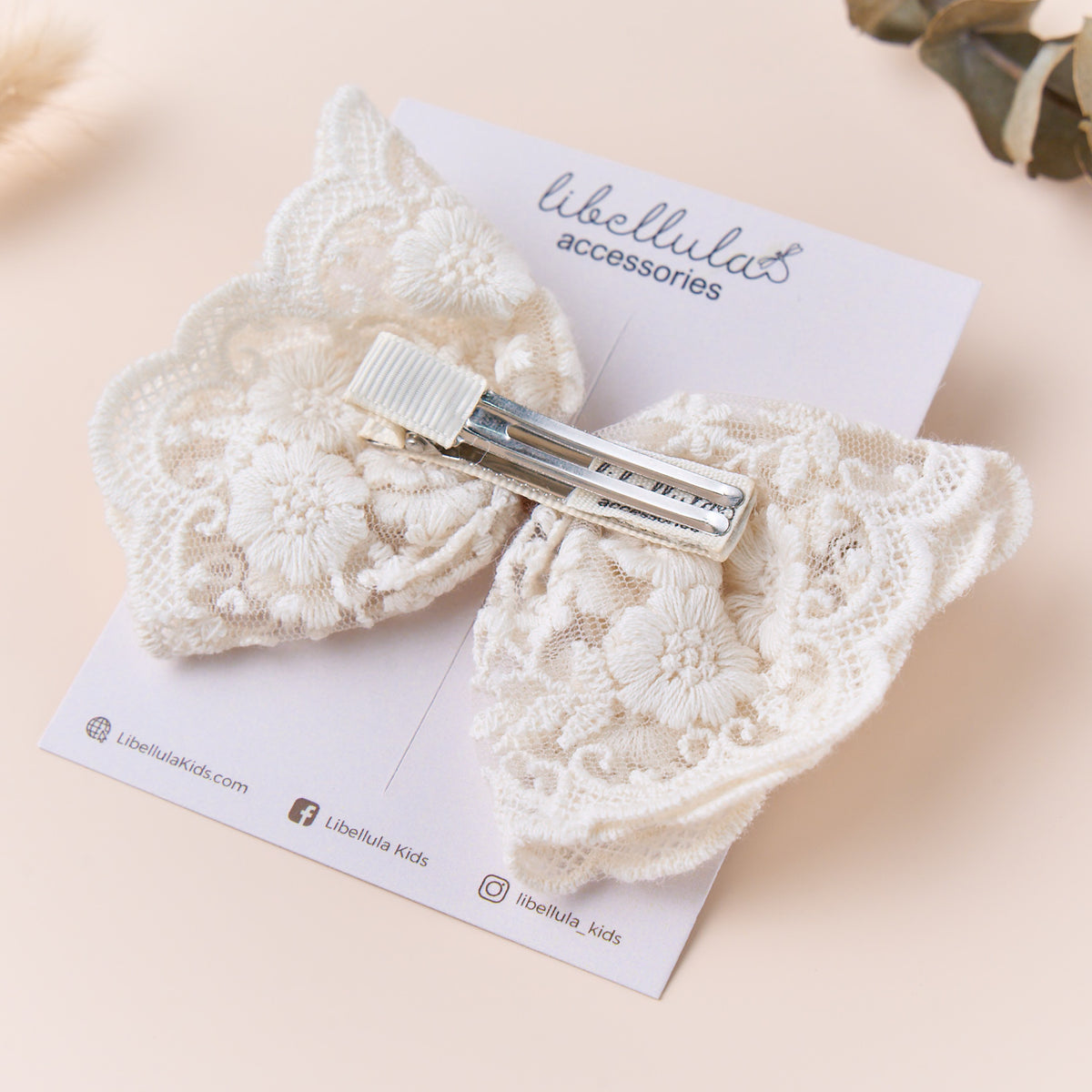 Libellula - Beige soft cotton lace ribbon bow hair clip with brown knots