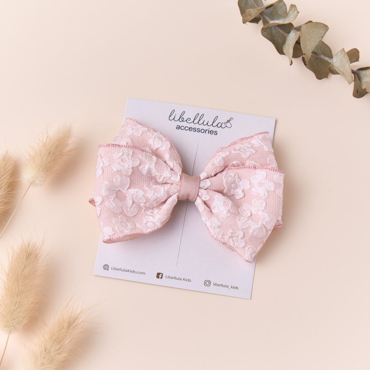 Libellula -  Handmade Silk Jacquard Flower Hair Bow with Metal Clip Wrapped Ribbon