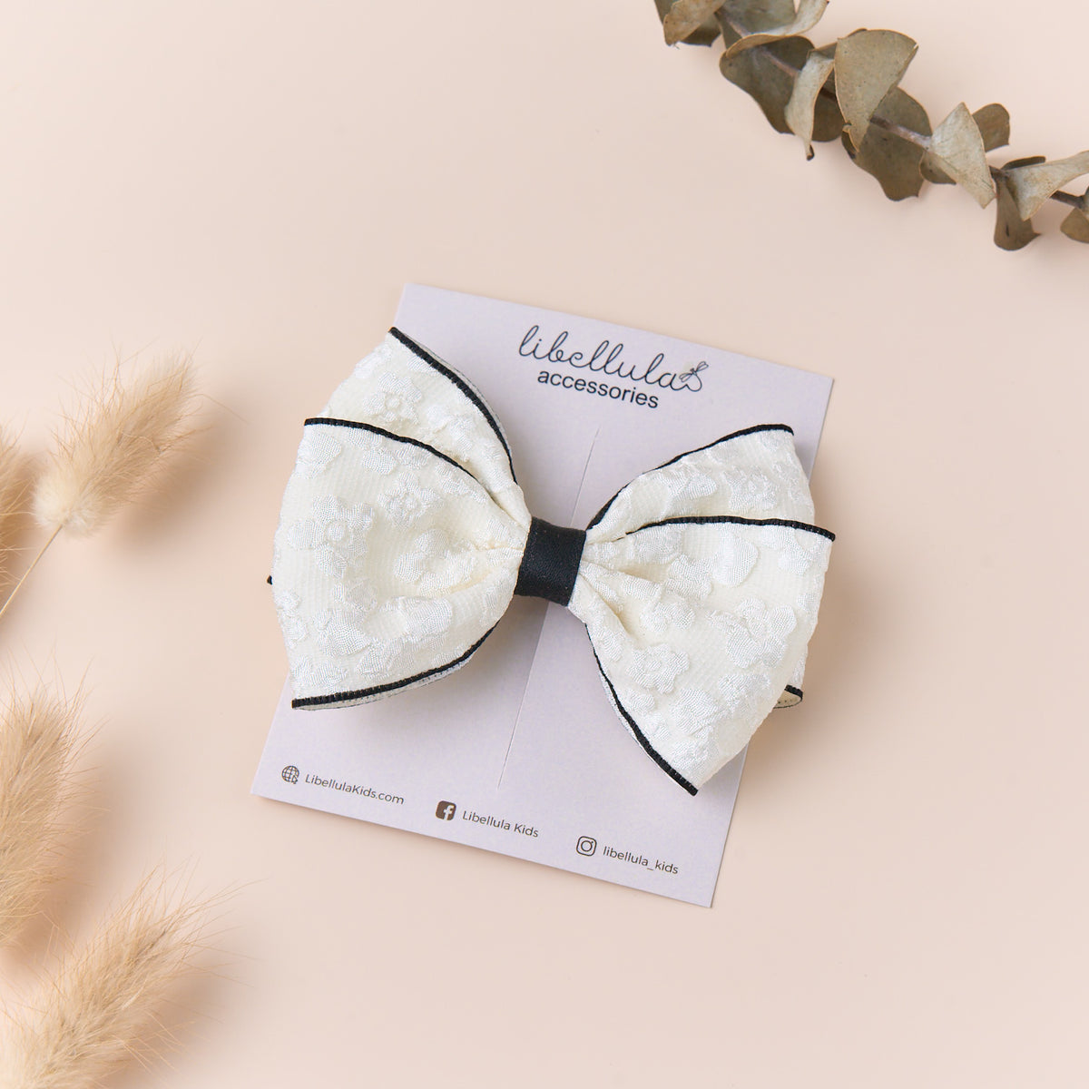 Libellula -  Handmade Silk Jacquard Flower Hair Bow with Metal Clip Wrapped Ribbon