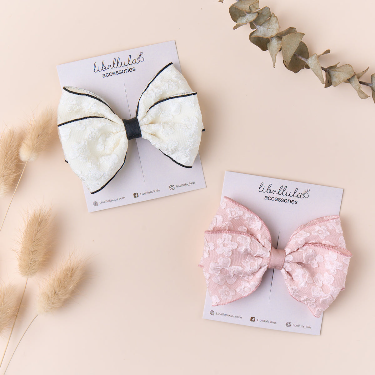 Libellula -  Handmade Silk Jacquard Flower Hair Bow with Metal Clip Wrapped Ribbon