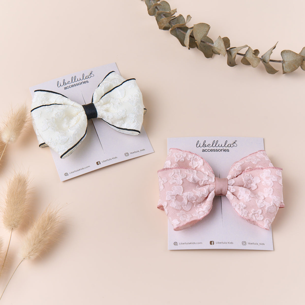 Libellula -  Handmade Silk Jacquard Flower Hair Bow with Metal Clip Wrapped Ribbon