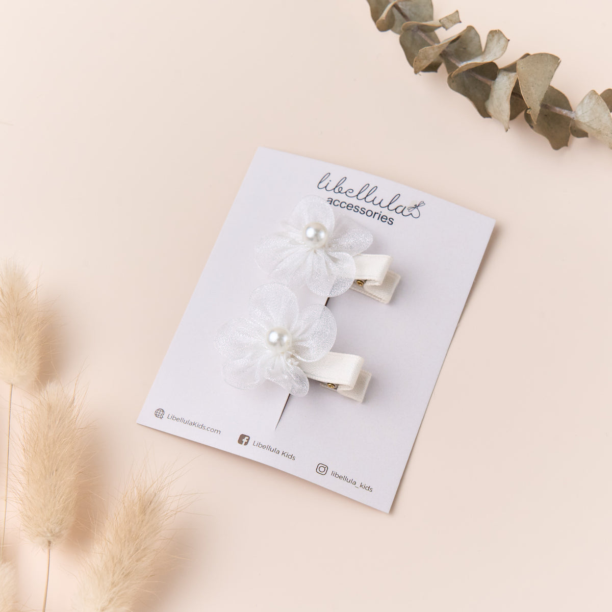 Libellula - Silk Hair Clip Set with White Orchid and Pearl Accents for Girls