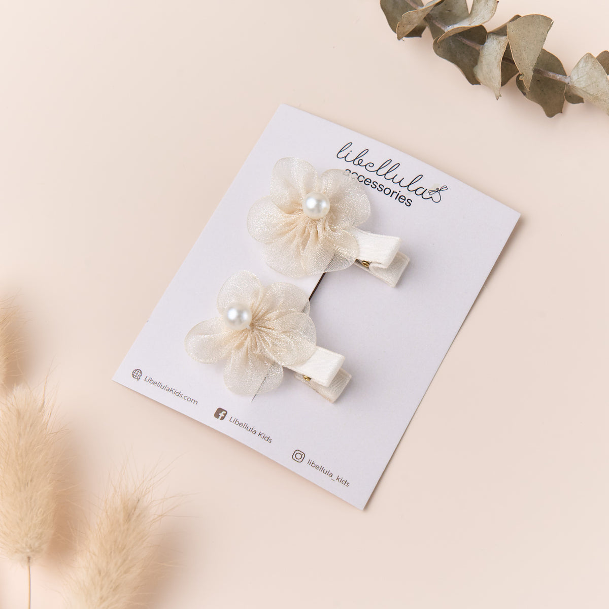 Libellula - Silk Hair Clip Set with White Orchid and Pearl Accents for Girls