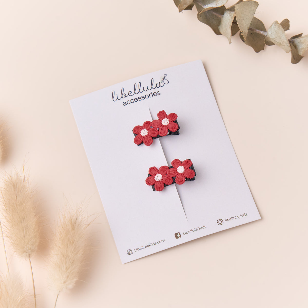 Libellula - Girls&#39; Hair Clip Set with 2 Embroidered 5-Petal Flowers