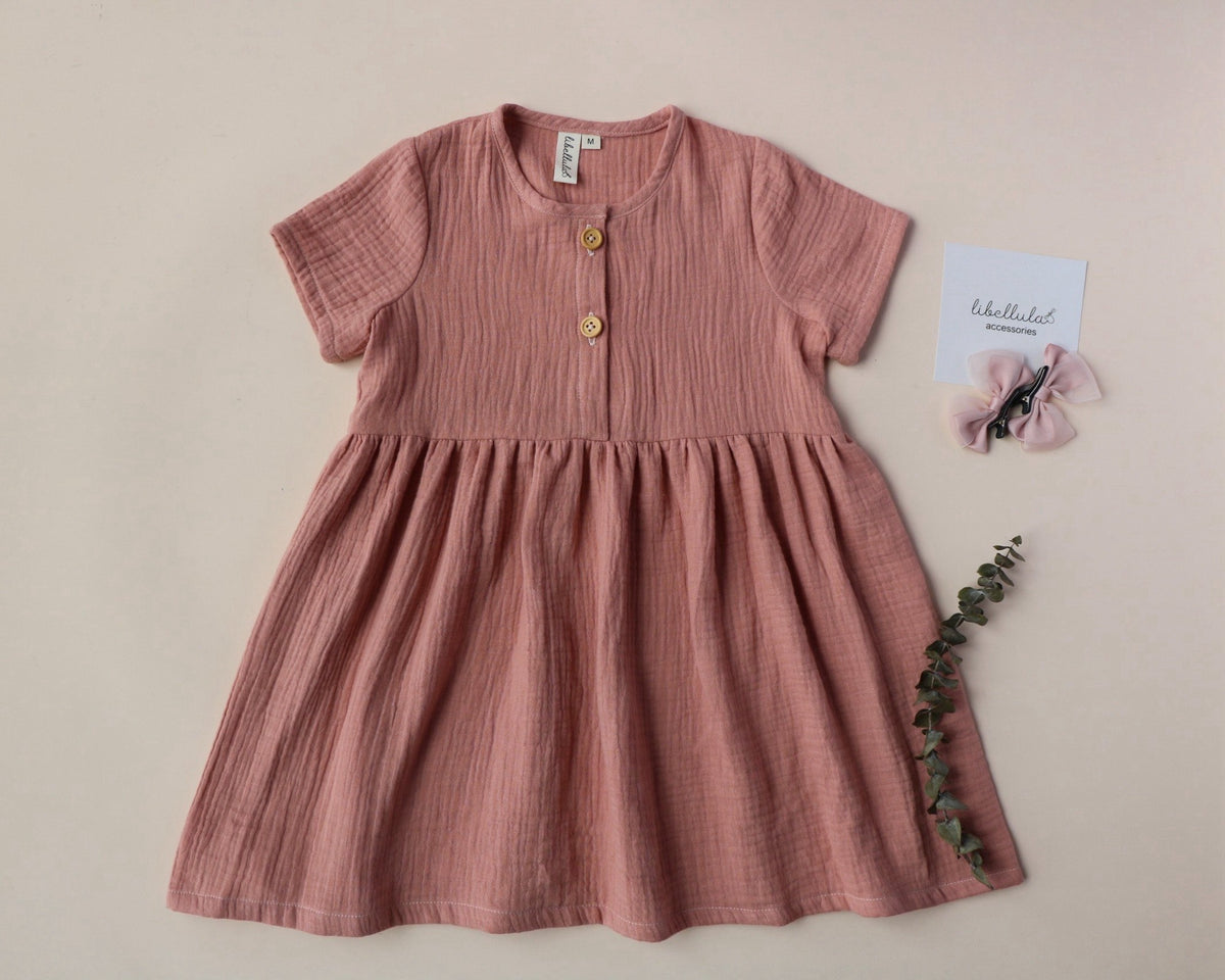 Libellula - Cool summer baby dress set made of organic muslin fabric, comes with a lovely brown hairclip