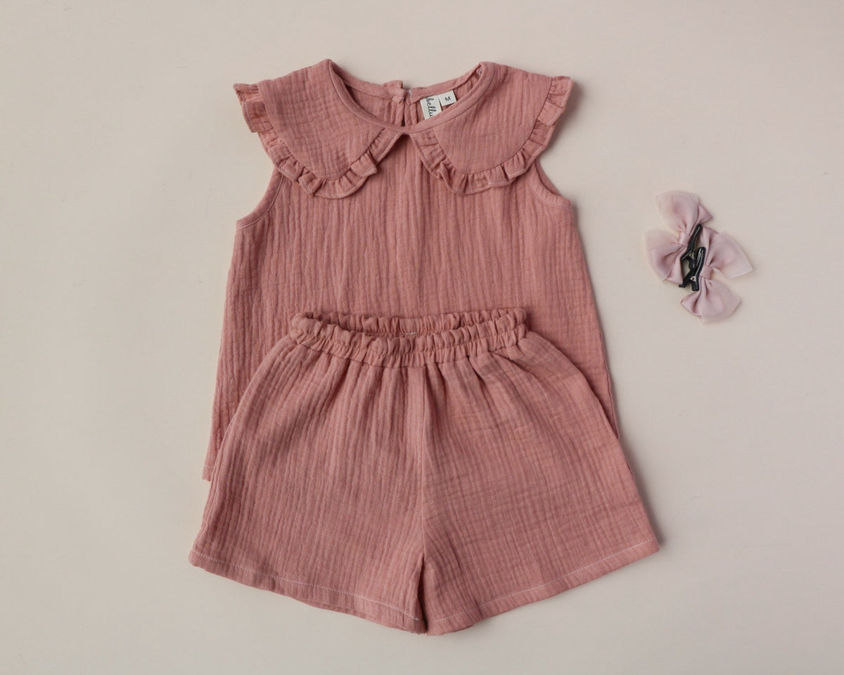 Libellula - Set of cool summer baby clothes made of organic muslin fabric and comes with a lovely brown hairclip